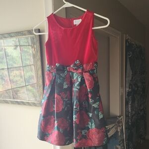 K31 Fancy Festive Floral  Flared & Vibrant Velour Kids Red Dress